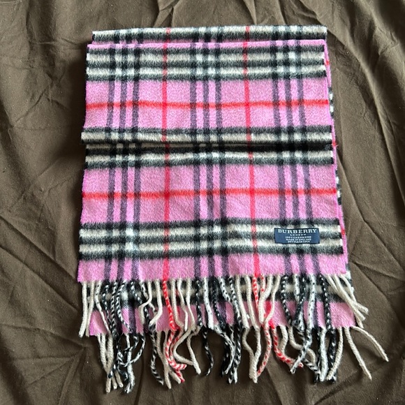Pink Plaid Burberry Cashmere Fringe Trim Scarf - Picture 12 of 14